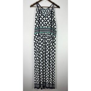 Sandra Darren Dress 16 Navy Blue Geometric Print Maxi Resort‎ Boho Preppy Chic